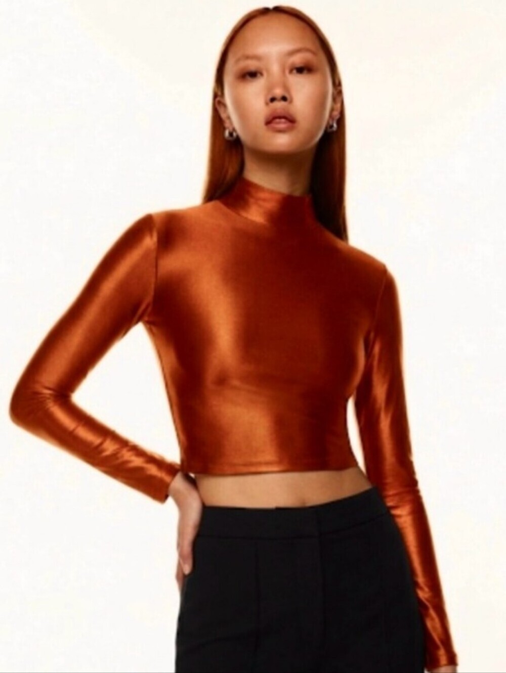 Aritzia Babaton Satinette Mockneck Longsleeve Cropped Satin Top Sz Medium Casual